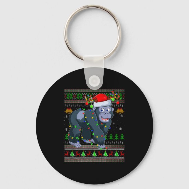 Gorilla Ugly Christmas Sweaters Holiday Santa Cute Keychain (Front)