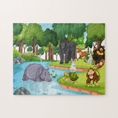 Gorilla Watching hippo in the river Jigsaw Puzzle