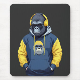 Gorilla Wearing Hoodie Funny Cool Animal Character Mouse Pad
