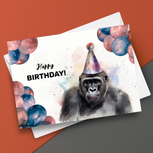 Gorilla with Balloons and Party Hat Happy Birthday Card