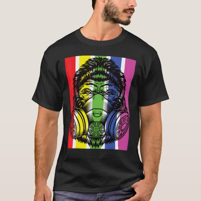 Gorilla With Gas Mask Rainbow Sprayer Graffiti T-Shirt (Front)