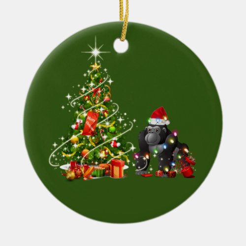 Gorilla With Hat LIGHTS Christmas Ceramic Ornament