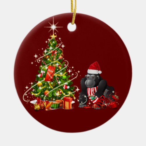 Gorilla With Hat Scafts  Christmas Ceramic Ornament