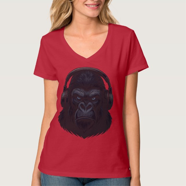 Gorilla with Headphones — Fierce Music Lover  T-Shirt (Front)