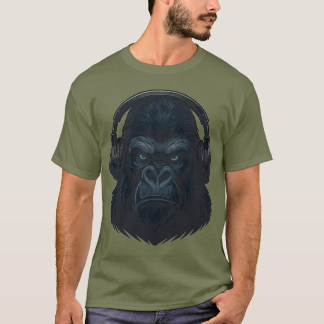 Gorilla with Headphones — Fierce Music Lover  T-Shirt (Front)