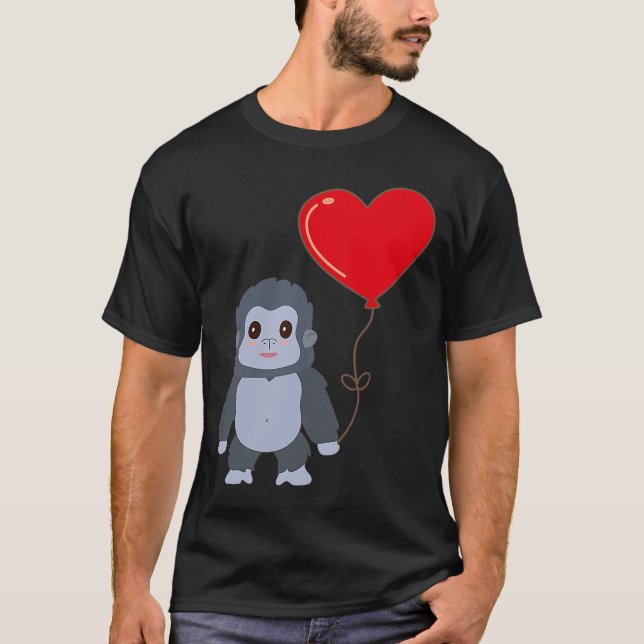 Gorilla With Heart Balloon Valentines Day Love Boy T-Shirt (Front)
