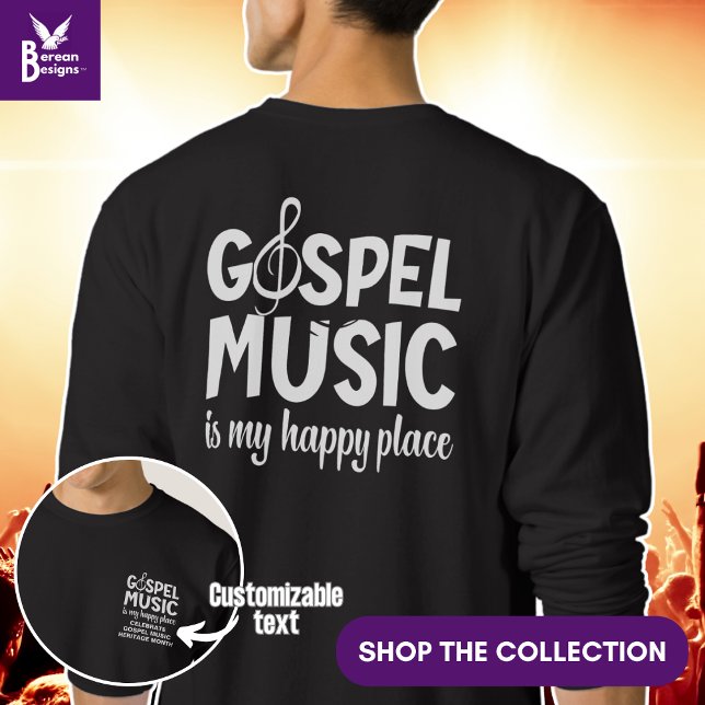 GOSPEL MUSIC IS MY HAPPY PLACE Christian Sweatshirt (Gospel Music is my Happy Place stylish Christian sweatshirt with design on front and back.)