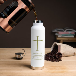 Gospel of John 3:16 Gold Cross Simple White Water Bottle