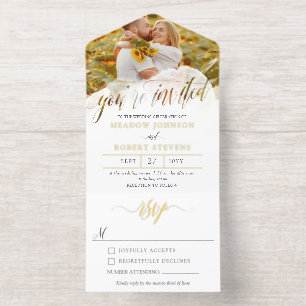 Gossamer Overlay Photo Informal Wedding Gold All In One Invitation