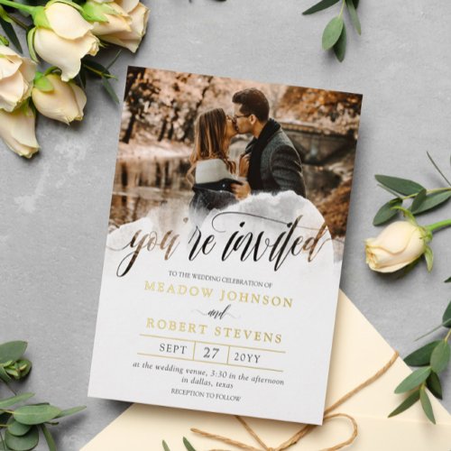 Gossamer Overlay Photo QR Informal Wedding Gold Foil Invitation