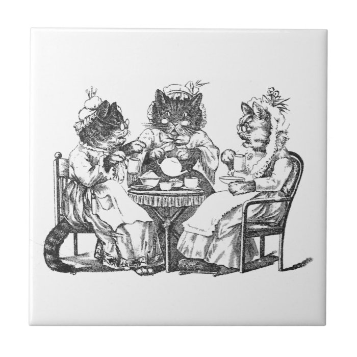 Gossiping Cats Have Tea Party Tile