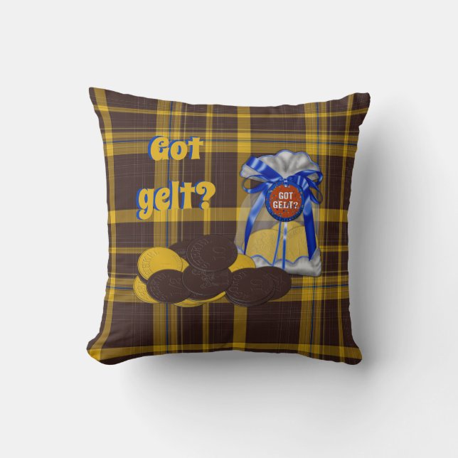 Got-Gelt-Chocolate-Coin-Grouping-Plaid-1 Throw Pillow (Front)