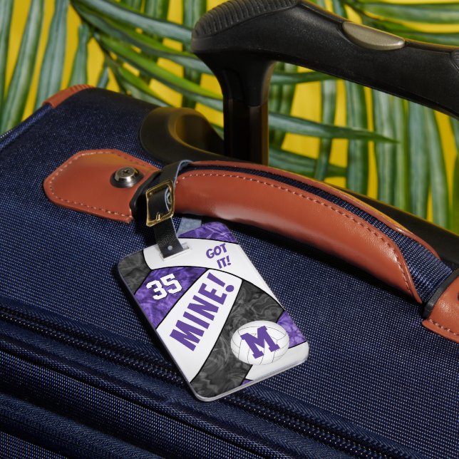 Got it! girl's purple black volleyball team colors luggage tag (Front Insitu 1)