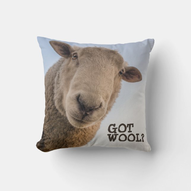 "Got Wool?" Funny Sheep Knitting or Crochet Throw Pillow (Front)