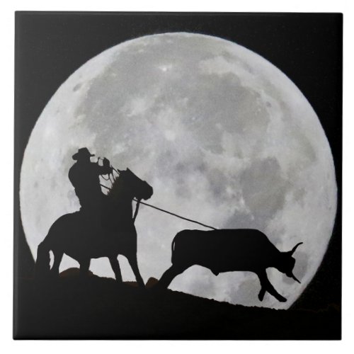 Gotcha Cowboy and Horse Steer Roping Full Moon Ceramic Tile