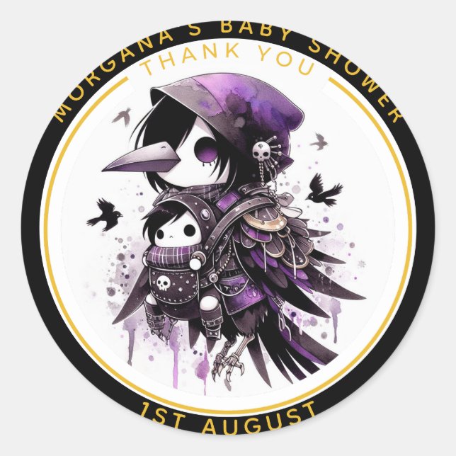 Goth Baby Boy or Girl Shower Crow Thank You  Classic Round Sticker (Front)