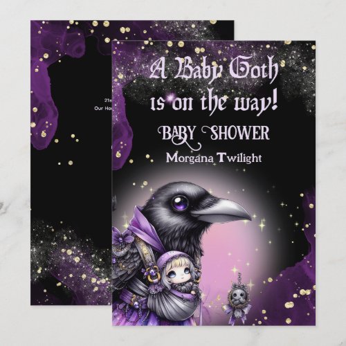 Goth Baby Girl Delivered by Crow Moonlight Invitation