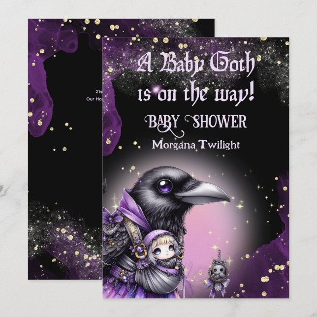 Goth Baby Girl Delivered by Crow Moonlight Invitation (Front/Back)