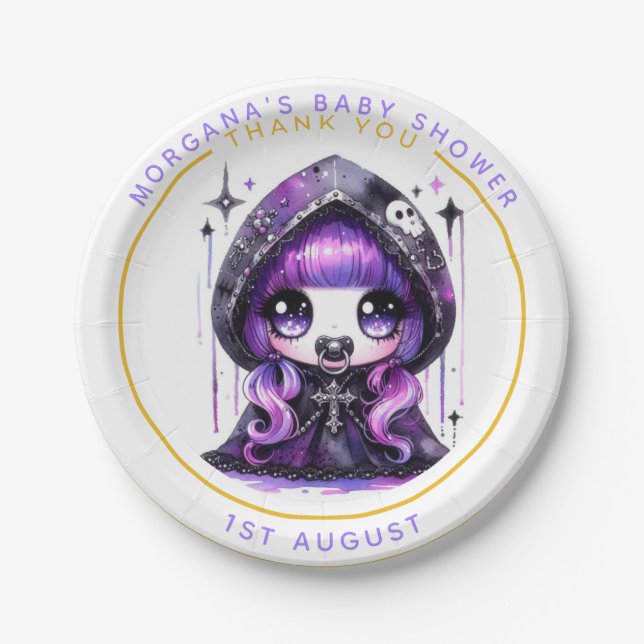 Goth Baby Girl Shower Bat Vampire Thank You  Paper Plates (Front)