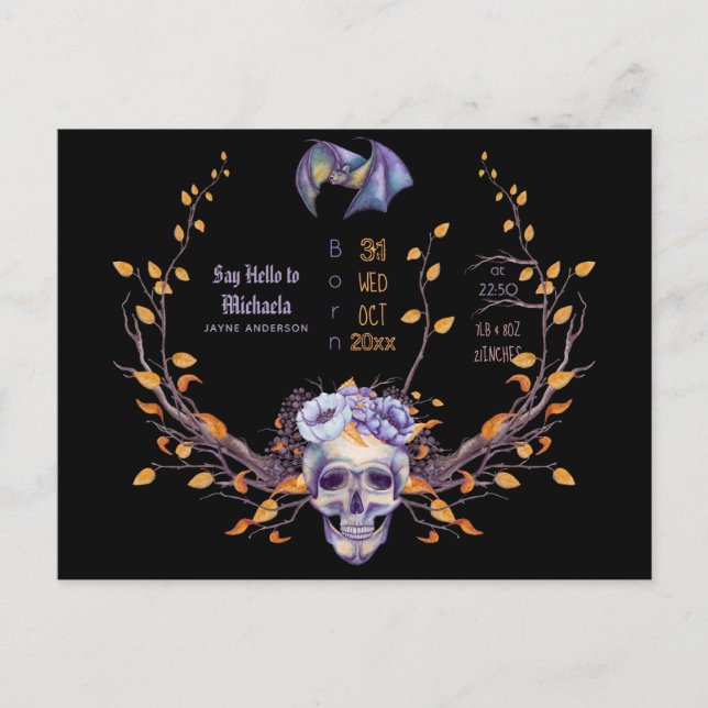 GOTH Baby Stats Arrival Announcement Halloween Postcard (Front)