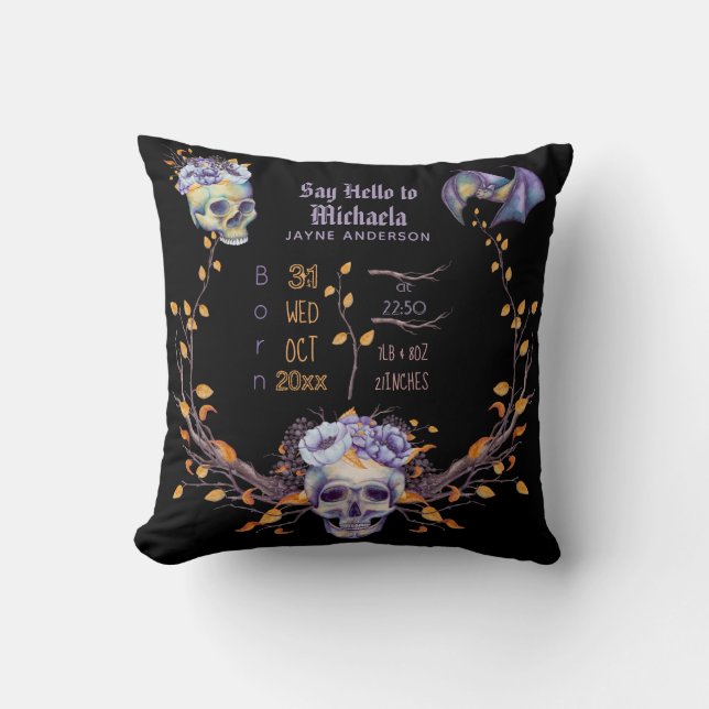 GOTH Baby Stats Skulls Purple Black Halloween Girl Throw Pillow (Front)