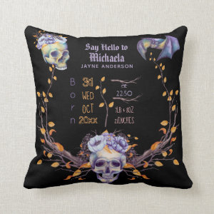 GOTH Baby Stats Skulls Purple Black Halloween Girl Throw Pillow