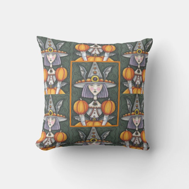 GOTH BAT GIRL WITCH, PUMPKIN SLEEVES HALLOWEEN THROW PILLOW (Front)