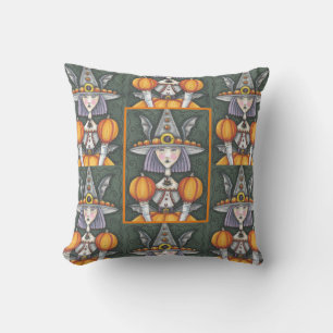 GOTH BAT GIRL WITCH, PUMPKIN SLEEVES HALLOWEEN THROW PILLOW