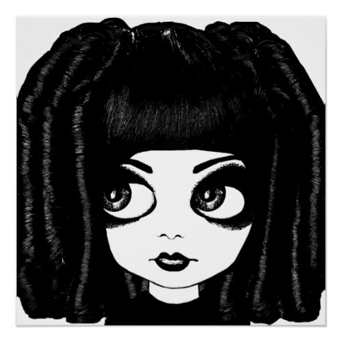 Goth big eye doll curly hair art poster