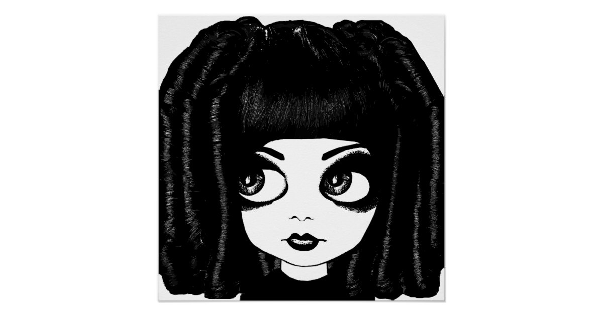 Goth big eye doll curly hair art poster | Zazzle