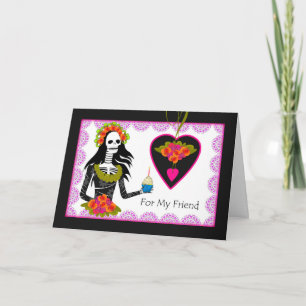 Goth Birthday for Friend, Lady Skeleton, Cupcake Card