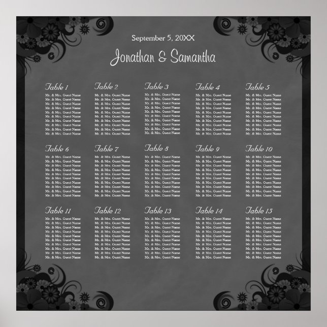 Goth Black and Gray Wedding 15 Table Seating Chart (Front)