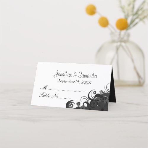 Goth Black and White Hibiscus Floral Folded Table Place Card