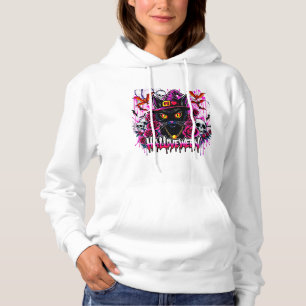 Goth Black Cat Witch Art   Spooky Skull Halloween Hoodie