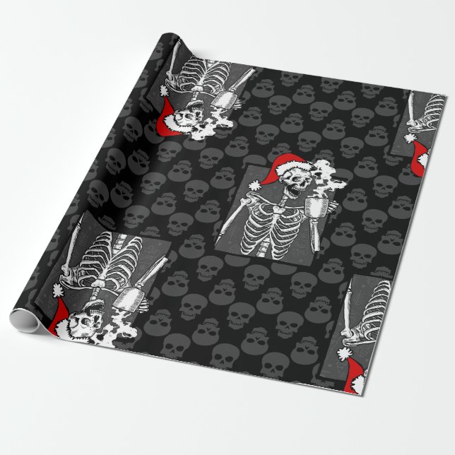 goth black christmas skull coffee skeleton red wrapping paper (Unrolled)