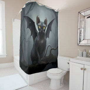 Goth Black Elf Sphynx Cat Art Bat Wings Bathroom Shower Curtain