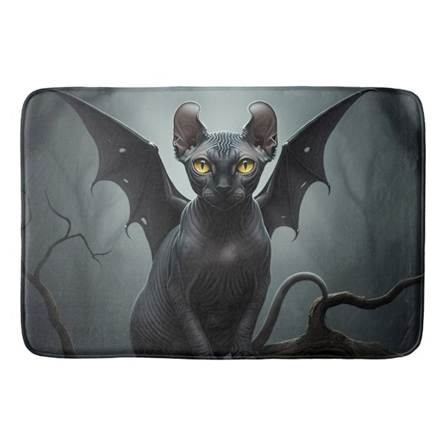 Goth Black Elf Sphynx Cat Bat Wings Art Bathroom Bath Mat (Front)
