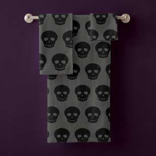 Goth Black Gray Skull Pattern Bath Towel Set