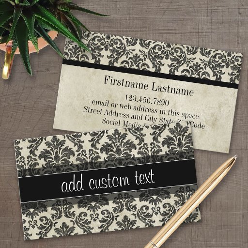 Customizable Rustic Damask Pattern in Black and Parchment Business Card Template