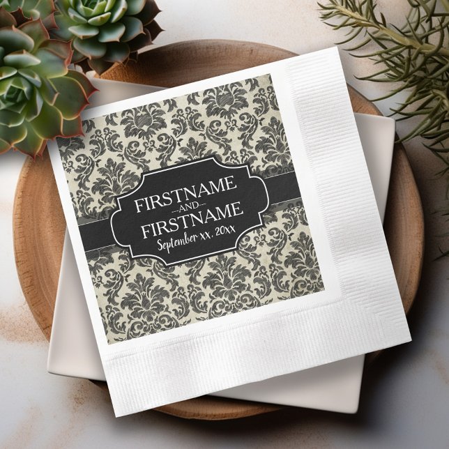 Goth Black Lace and Parchment Wedding Anniversary Paper Napkins (Black Lace Personalized Wedding Napkins)