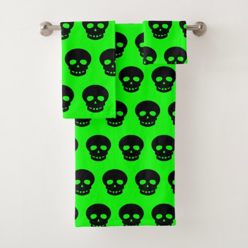 Goth Black Lime Green Skull Pattern Bath Towel Set