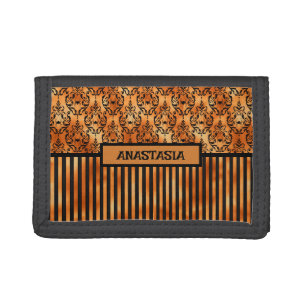 Goth Black Orange Stripes and Spider Medallions Trifold Wallet
