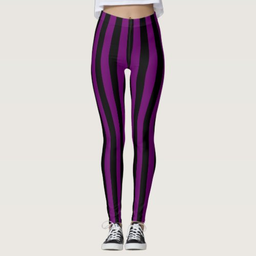 Goth Black Purple Vertical Wide Stripe Leggings