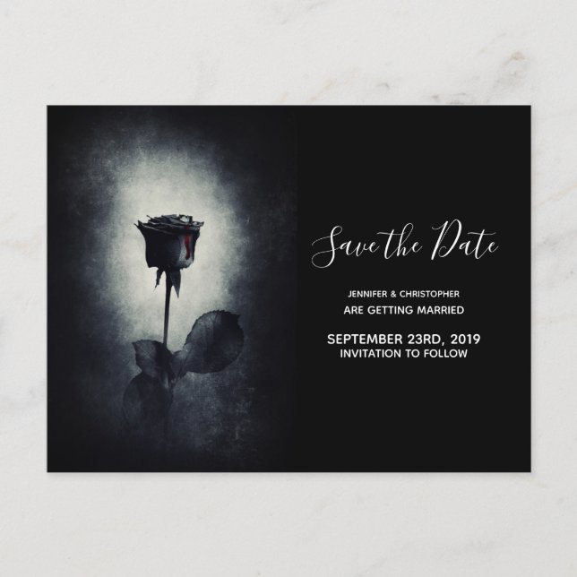 Goth Black Rose Bloody Petal Wedding Save the Date Postcard (Front)