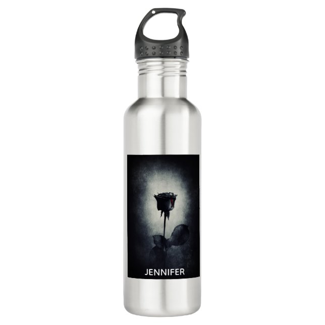 Goth Black Rose Dripping Blood Macabre Stainless Steel Water Bottle (Front)