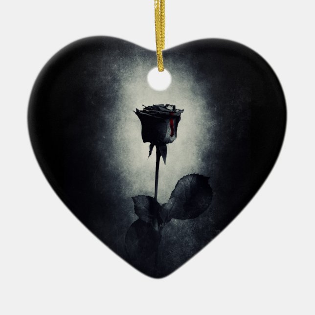 Goth Black Rose Dripping Blood Macabre Wedding Ceramic Ornament (Front)