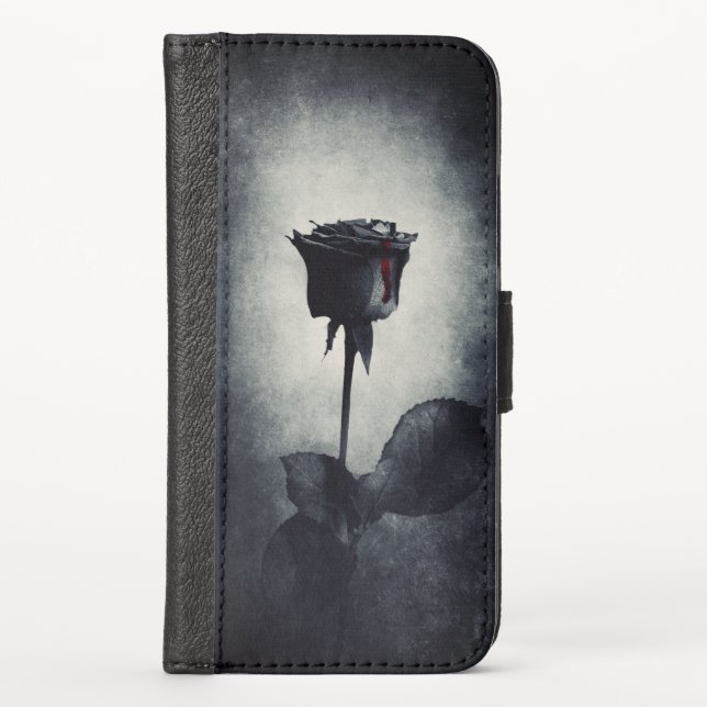 Goth Black Rose Dripping Blood on Black Grunge iPhone Wallet Case (Front)
