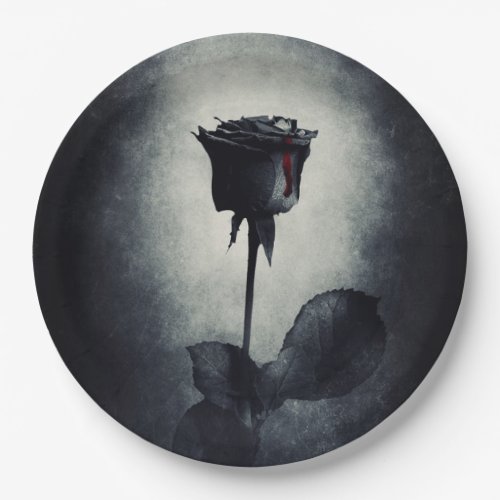 Goth Black Rose Dripping Blood on Black Grunge Paper Plates