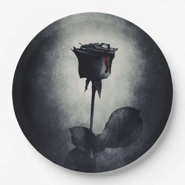 Goth Black Rose Dripping Blood on Black Grunge Paper Plates (Front)