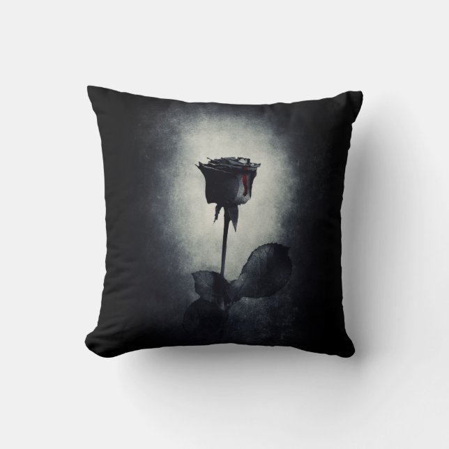Goth Black Rose Dripping Blood on Black Grunge Throw Pillow (Front)